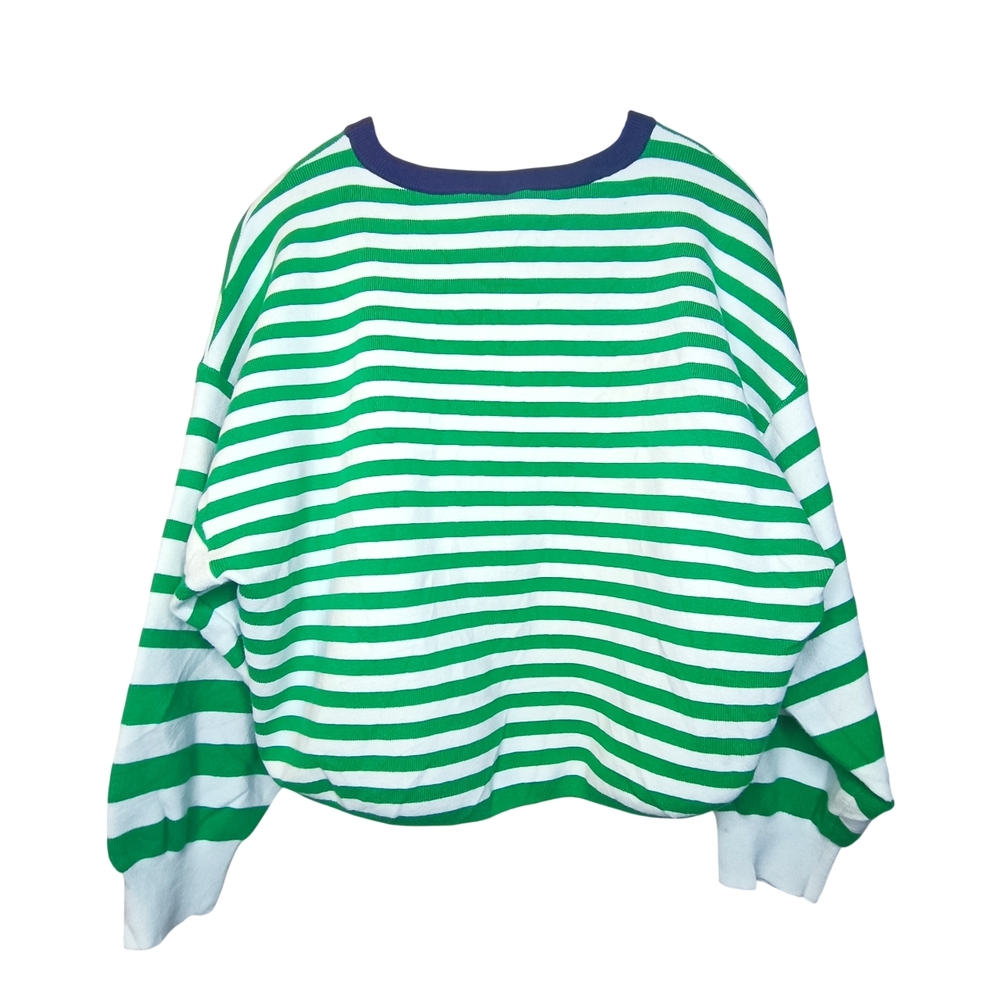 Daily Practice Preppy Boxy Cropped Striped Green and White Crew Neck Sweater 1X - Picture 2 of 13